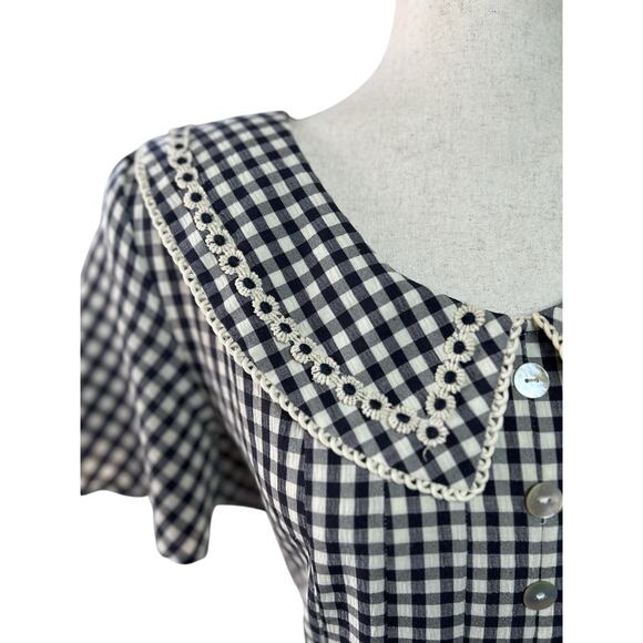 Vtg 80s Black White Gingham Prairie Dress Peter Pan Collar 10/12 Petite Modest - Picture 4 of 10